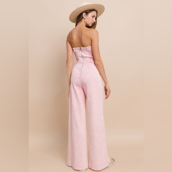 ROSE PINK STRAPLESS MINERAL WASH WIDE LEG DENIM JUMPSUIT π€  - Picture 4 of 6